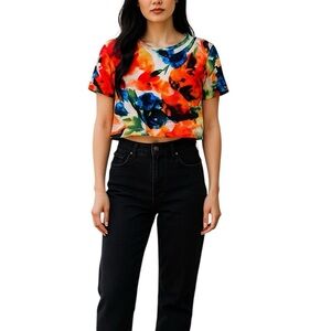 TFNC boxy cropped tshirt, Small, round neck, floral multicolour, Bold Boho Beach